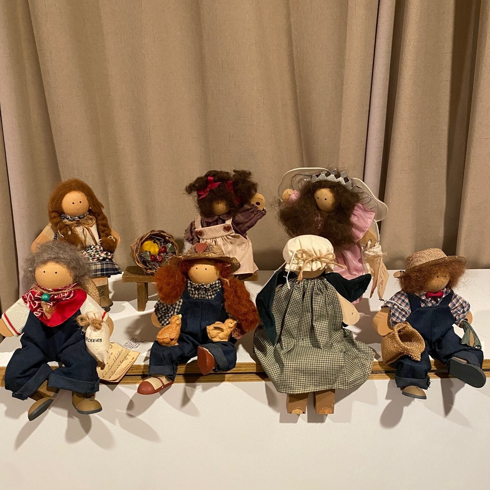 Lizzie High Vintage Wooden Dolls Set of 7 w/ Benches 1980s Collectible